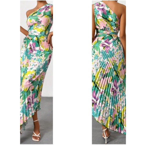 Boho Floral Print Cut out Pleated One Shoulder Maxi Dress - Picture 1 of 6